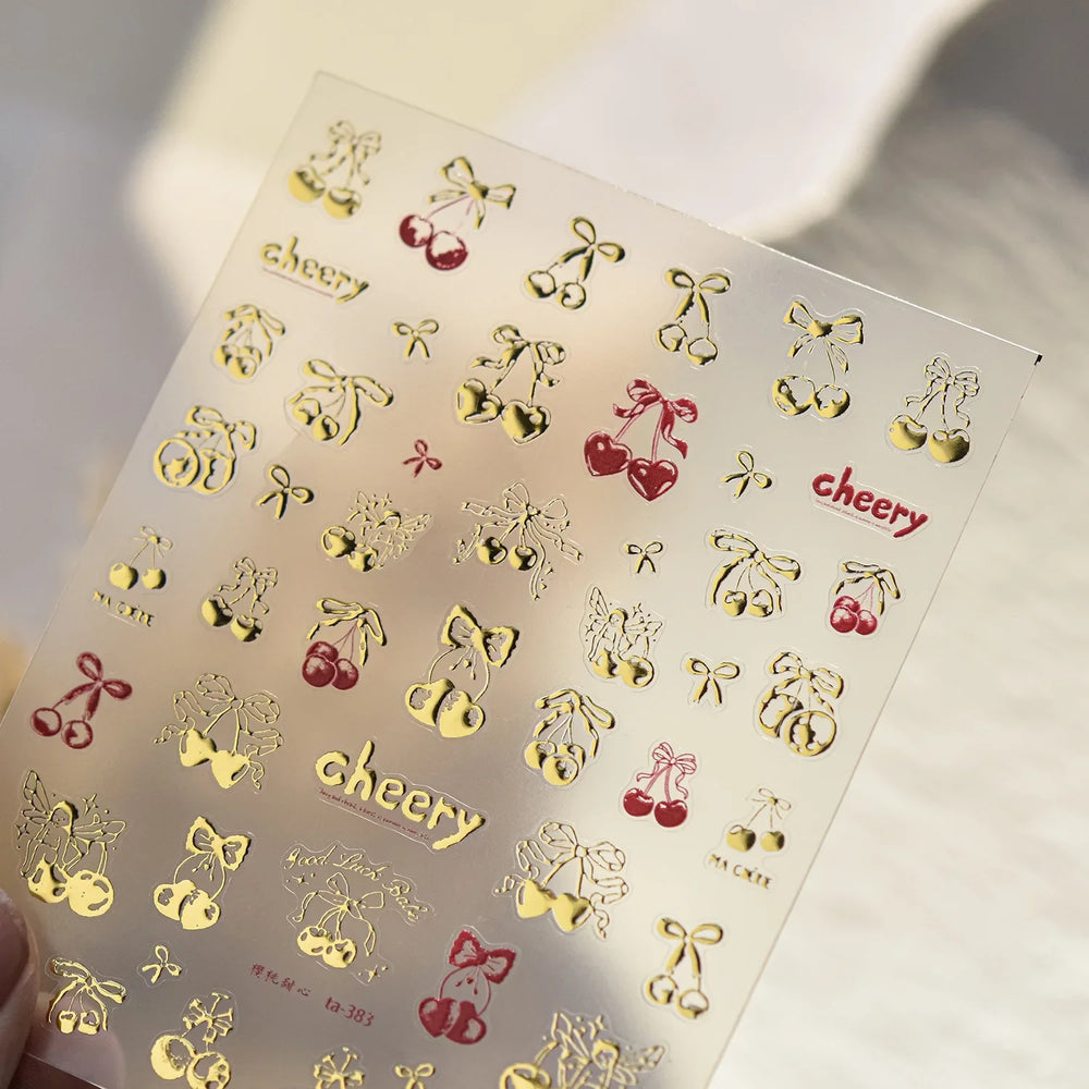 Colourful Cherry Abundant Fruits Bowknot Shiny White Line Outline Self Adhesive Nail Art Stickers Chic Rhinestone Manicure Decal (ONLINE ORDER ONLY)