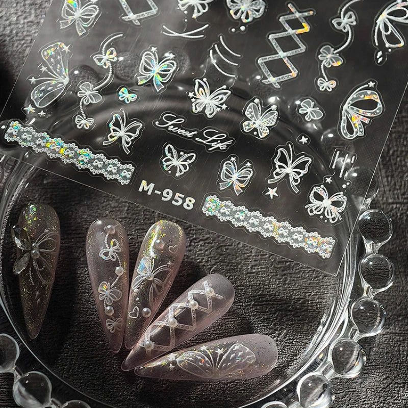 Shiny Butterfly Lace Line Bowknot Silk Ribbon Star Love Heart Fantasy Delicate Chic Adhesive Nail Art Stickers Manicure Decals (Online Order Only)