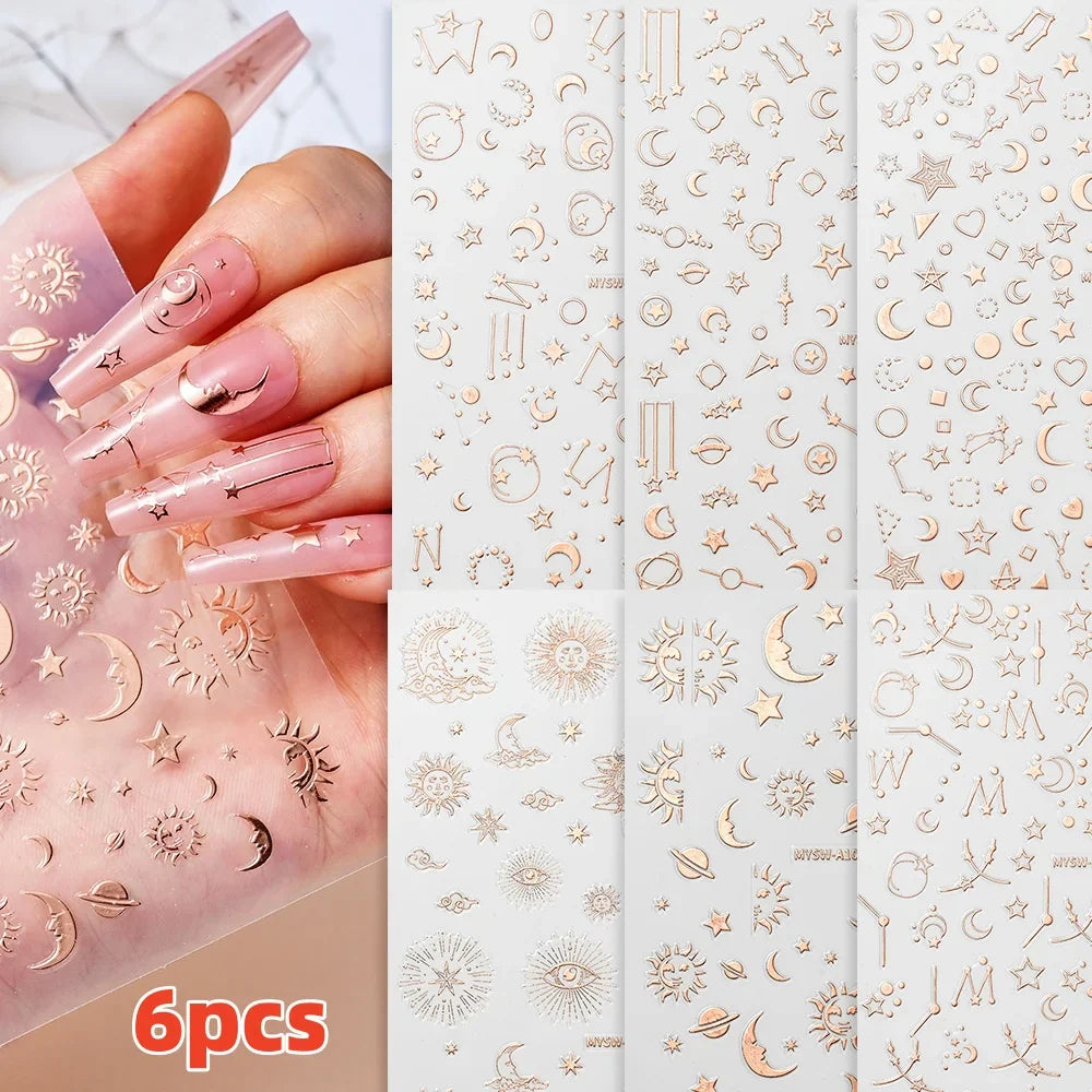 6pcs Mirror Silver Star 3D Nail Sticker Holographic Heart/Moon/Cross Design Self-Adhesive Decal Manicure Art Supplies Decoration (ONLINE ORDER ONLY)