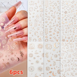 6pcs Mirror Silver Star 3D Nail Sticker Holographic Heart/Moon/Cross Design Self-Adhesive Decal Manicure Art Supplies Decoration (ONLINE ORDER ONLY)