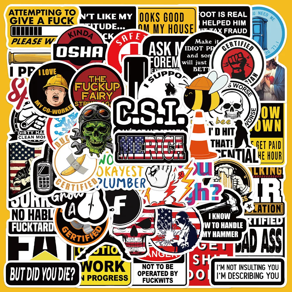 50pcs Safety Helmet Graffiti Stickers for Helmet, Wall, Desktop Decoration (Online Order Only)
