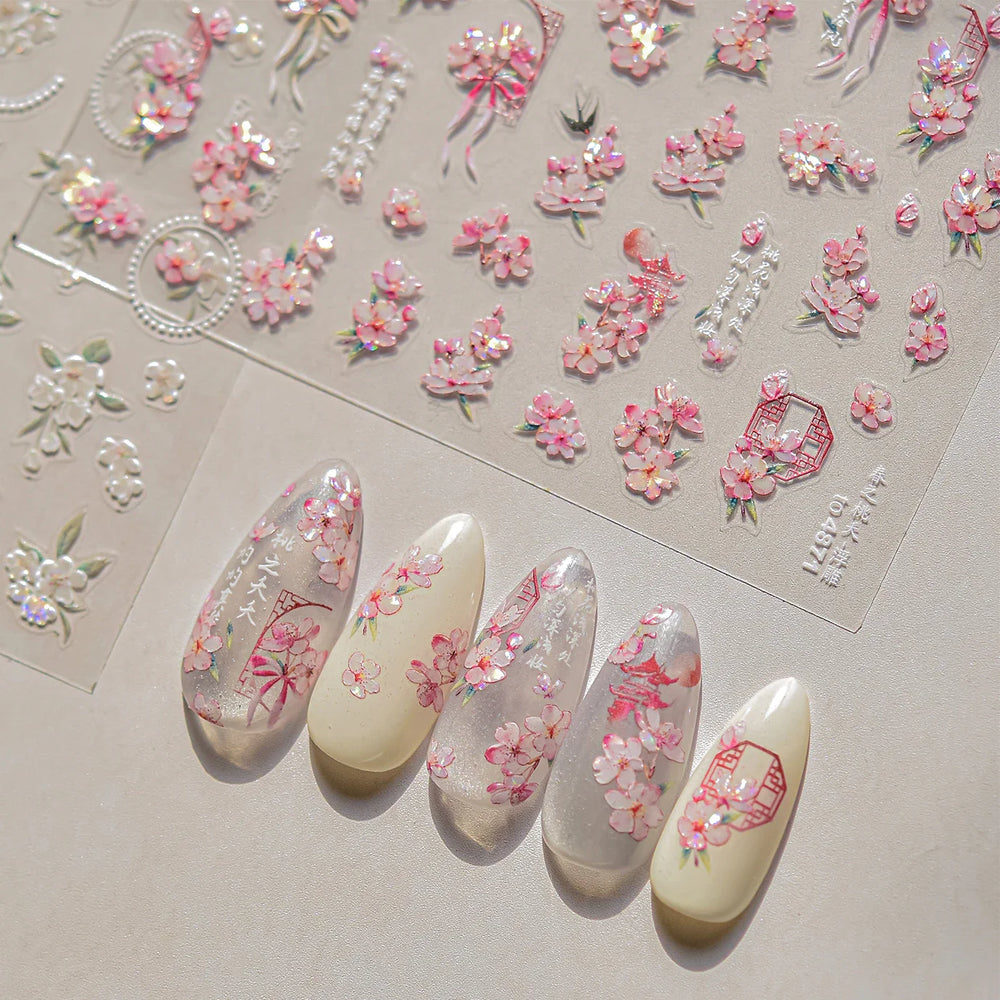 Pink Peach Blossom Flower White Pear Romantic Archaistic Swallow Window Adhesive Nail Art Stickers Rhinestone Manicure Decals (ONLINE ORDER ONLY)