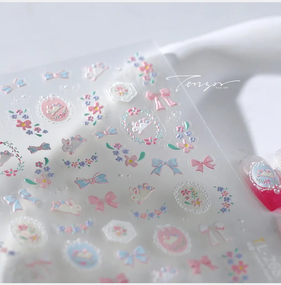 Pink Running Rabbit Bowknot Wreath Bunny Flower Tie Totem Pattern Self Adhesive Nail Art Sticker Pearl Rhinestone Manicure Decal (Online Order Only)