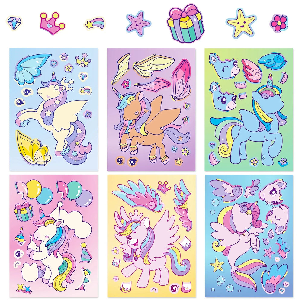 6Sheets Rainbow Horse Children DIY Puzzle Sticker Games Unicorn Make A Face Funny Assemble Jigsaw Stickers Kids Educational Toys (Online Order Only)