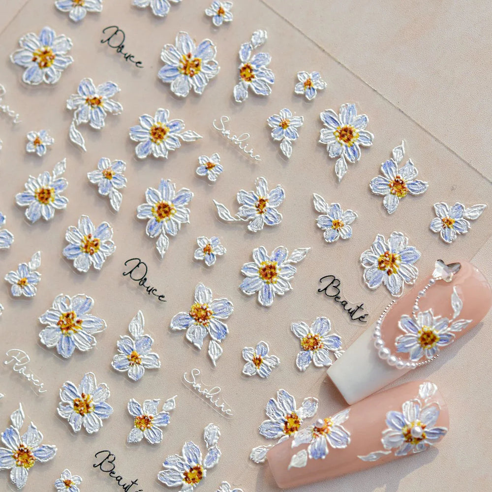 Flowers in Bloom Cosmos Chrysanthemum Daisy White Petal Yellow Stamen Self Adhesive Nail Art Decorations Sticker Manicure Decals (ONLINE ORDER ONLY)