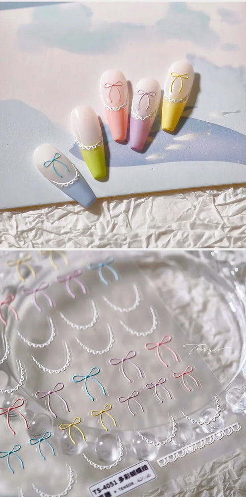 Pink Blue Purple Lovely Line Bowknot Lace Arc Curve Romantic Delicate Cording Embossed Adhesive Nail Art Sticker Manicure Decal (ONLINE ORDER ONLY)