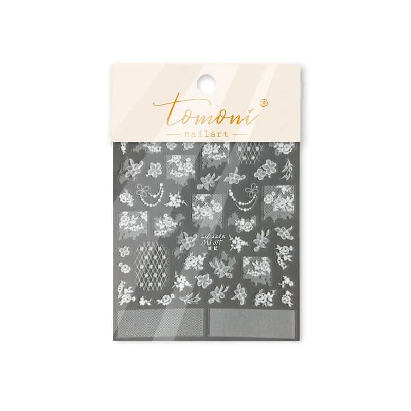 Dreamy Lace Rose Flower Fabric Art Tender Gauze Gird Pearl Pendant Irregular Pattern Nail Art Stickers Decoration Manicure Decal (ONLINE ORDER ONLY)