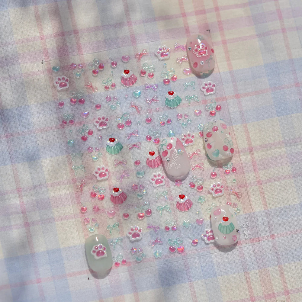 Lovely Green Pink Cherry Pudding Claw Paw Love Heart Bowknot Soft Embossed Reliefs Adhesive Nail Art Stickers Manicure Decals (ONLINE ORDER ONLY)
