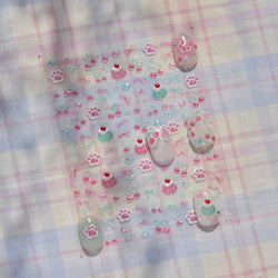 Lovely Green Pink Cherry Pudding Claw Paw Love Heart Bowknot Soft Embossed Reliefs Adhesive Nail Art Stickers Manicure Decals (ONLINE ORDER ONLY)