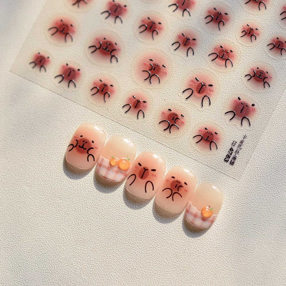 Cute Kapibala Halo Dyeing Kabibara Giant Rat Guinea Pig Cavy Lovely Expression Orange Adhesive Nail Art Stickers Manicure Decals (ONLINE ORDER ONLY)