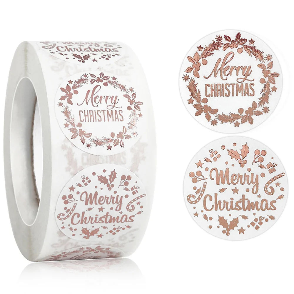 1" Merry Christmas Rose Gold Waterproof Stickers - 100-500 Pcs Holiday Gift Seals (Online Order Only)