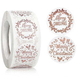1" Merry Christmas Rose Gold Waterproof Stickers - 100-500 Pcs Holiday Gift Seals (Online Order Only)