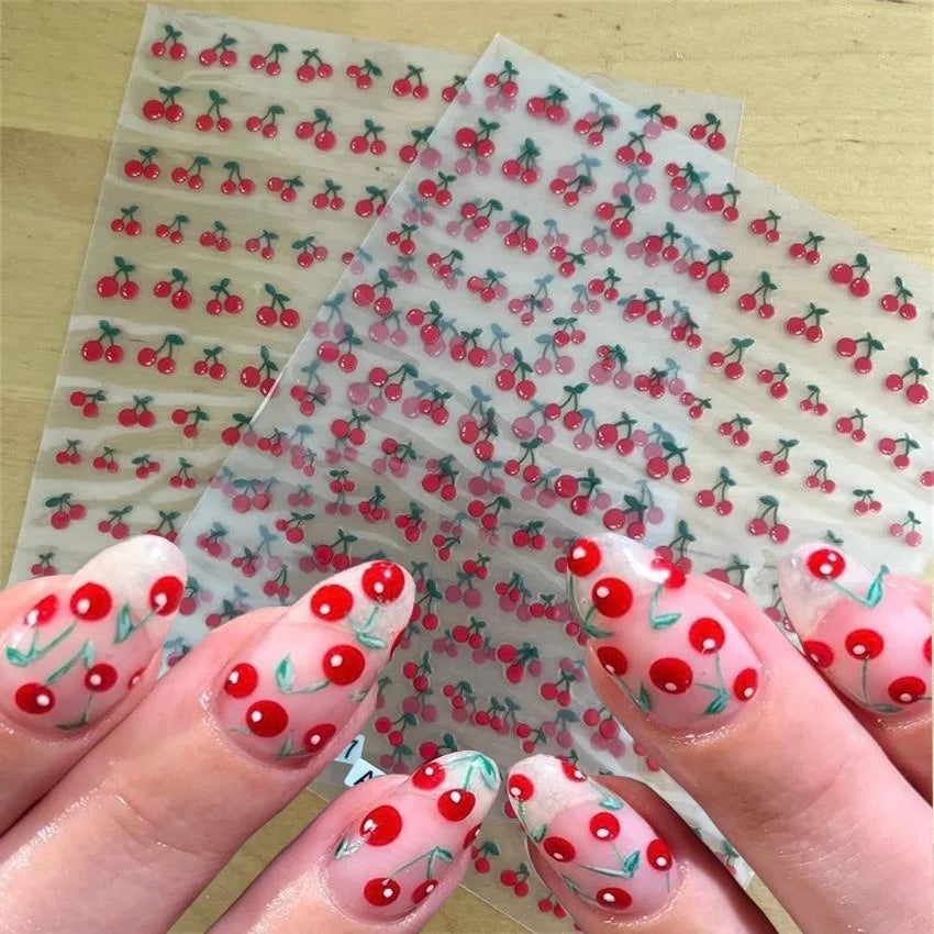 1Pc Sweet Cute Fresh Red Cherry Pattern Nail Stickers Self Adhesive Fruit Design Decals Women & Girls Homemade Manicure Supplies (ONLINE ORDER ONLY)