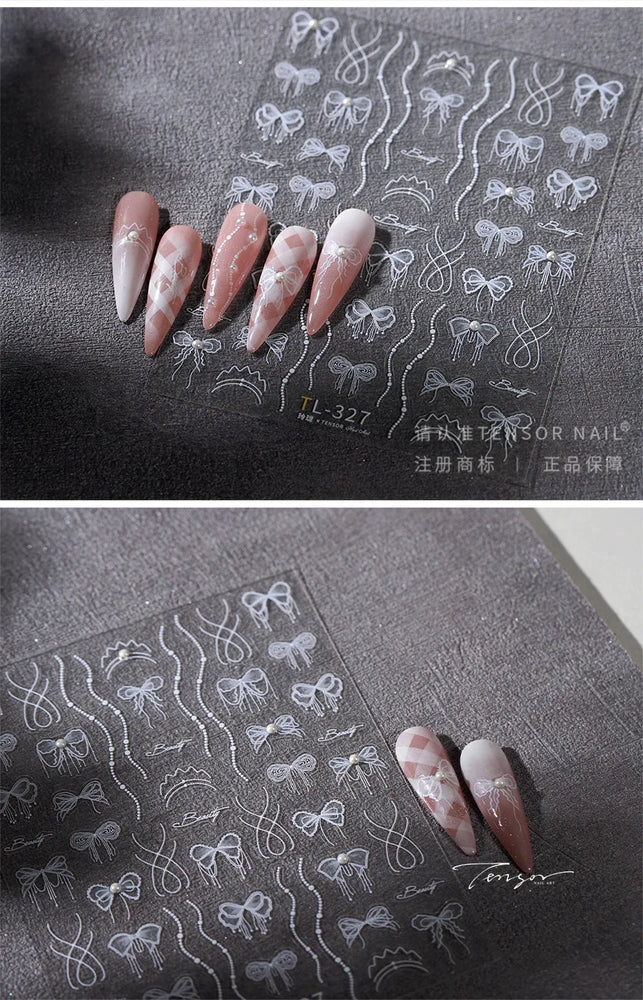 White Pearl Various Bowknot Line Tassel Tender Ribbon Arc Charming Self Adhesive Nail Art Decorations Stickers Manicure Decals (ONLINE ORDER ONLY)