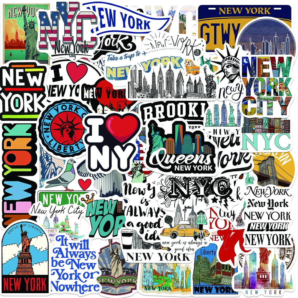 50Pcs New York Stickers America Kawaii Cartoon Decal For Skateboard Bicycle Guitar Laptop Kids Waterproof Stiker Toys (ONLINE ORDER ONLY)
