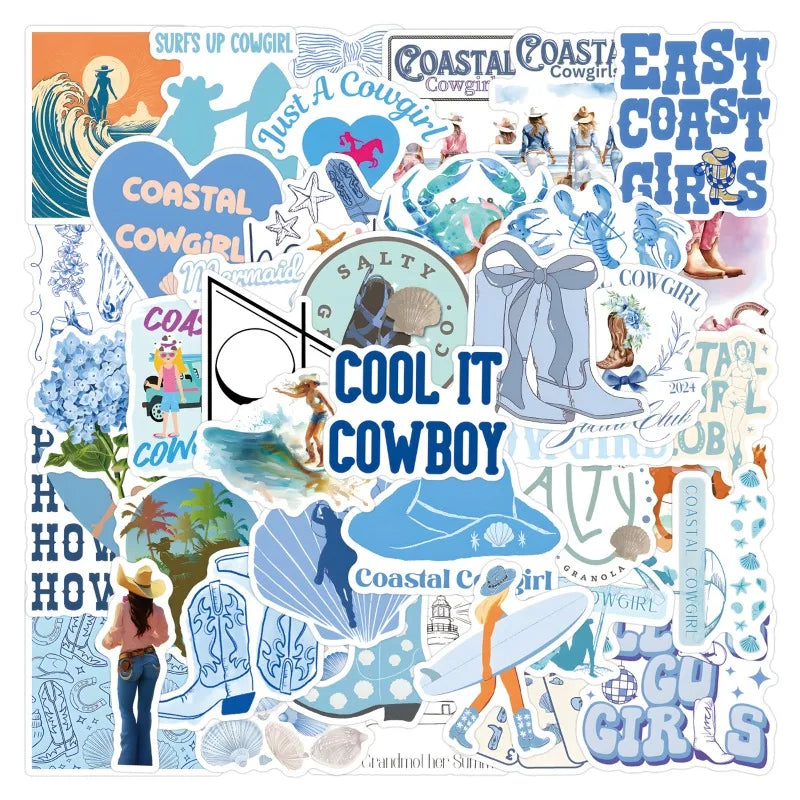 55pcs Coastal Cowgirl Stickers for Laptop, Phone, Water Bottle, Suitcase, Stationery, Refrigerator Decor (ONLINE ORDER ONLY)