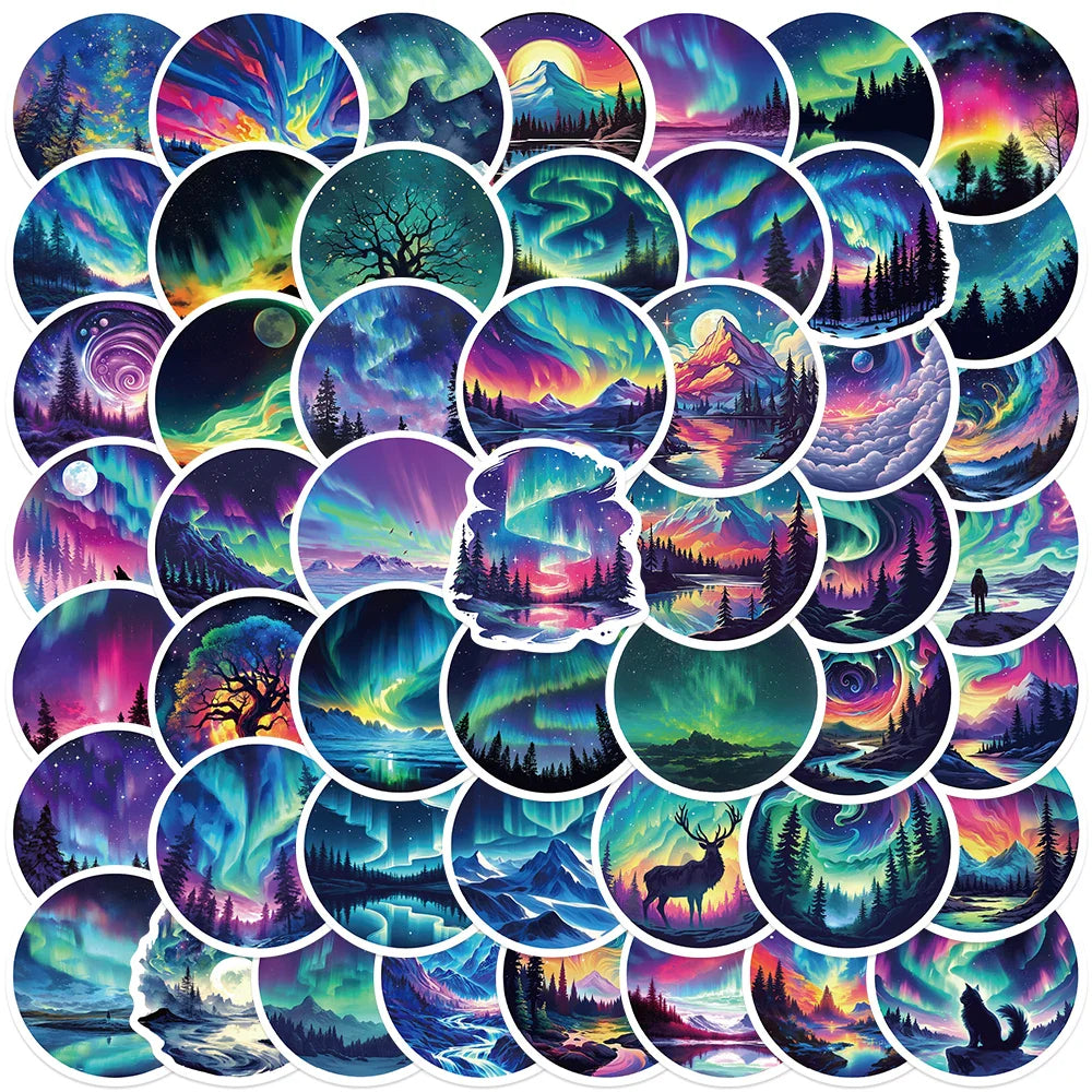 50pcs Aesthetic Cool Colorful Aurora Stickers For Laptop Water Bottle Luggage Notebook Waterproof Graffiti Vinyl Decals (Online Order Only)