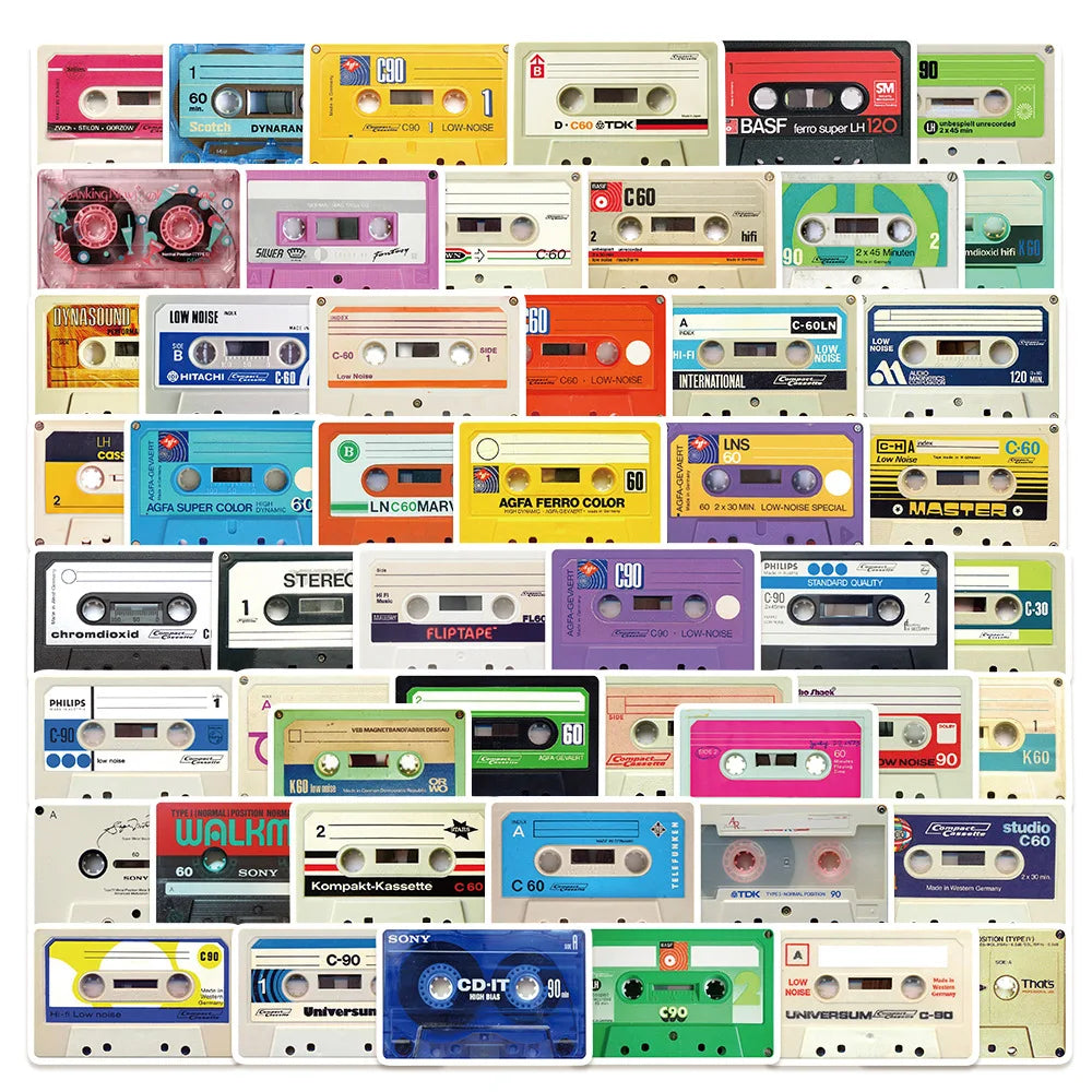 50Pcs Cartoon Mini Recorder Tape Stickers for Helmet, Wall, DIY Decor (Online Order Only)
