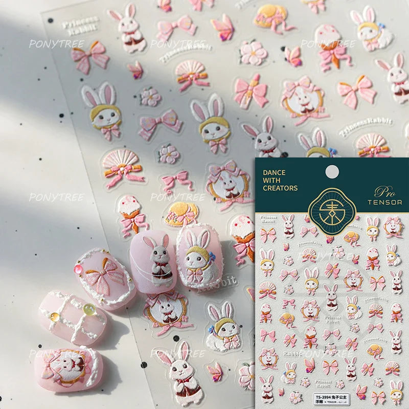 Cute Rabbit Fan Peach Blossom Teacup Lollipop Strawberry Star Cherry Hat Soft Embossed Adhesive Nail Art Stickers Manicure Decal (ONLINE ORDER ONLY)