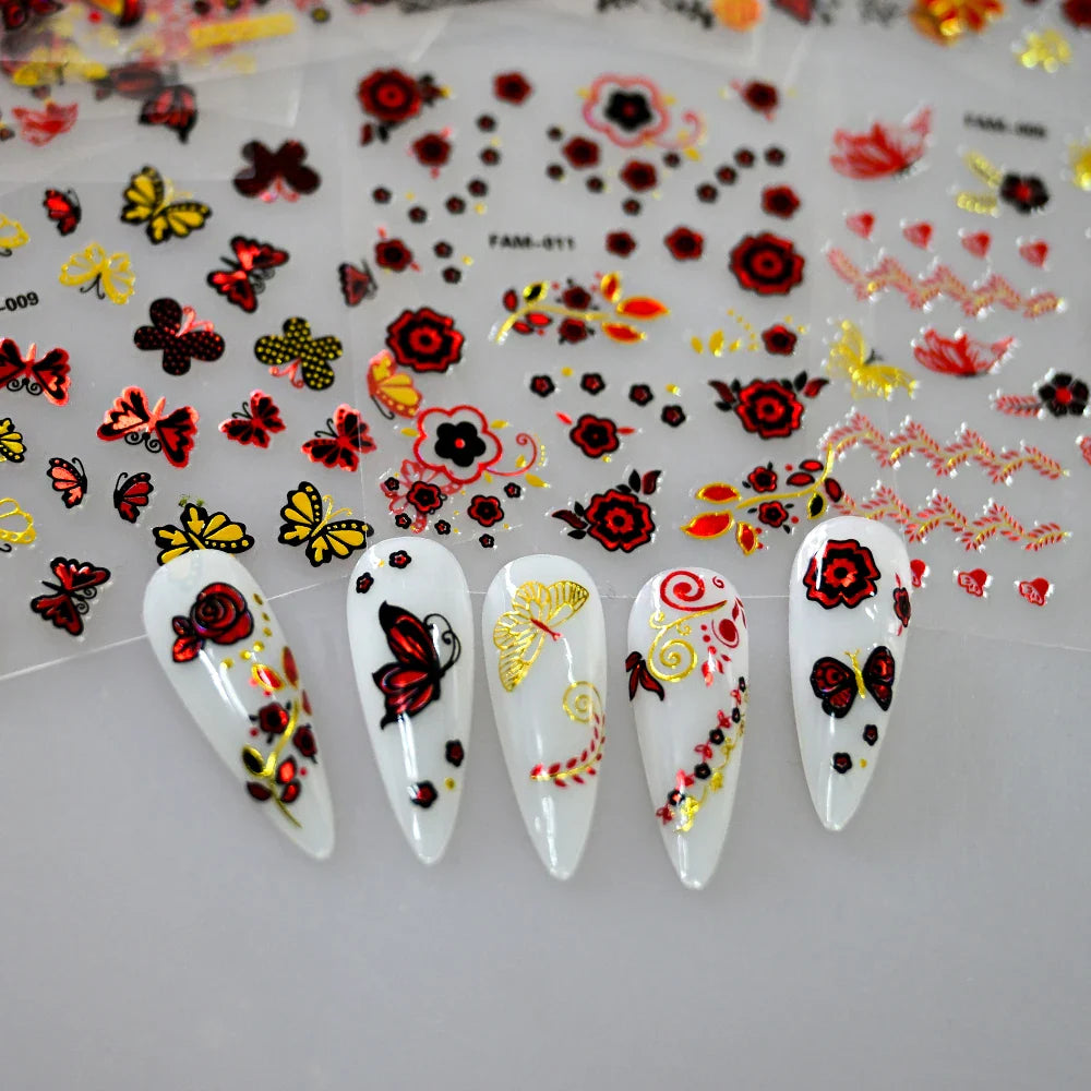30Pcs/Set Red Golden 3D Nail Art Sticker Hot Stamping Hollow Decals Mixed Designs Adhesive Flower Nail Tips Letter Butterfly Set (Online Order Only)