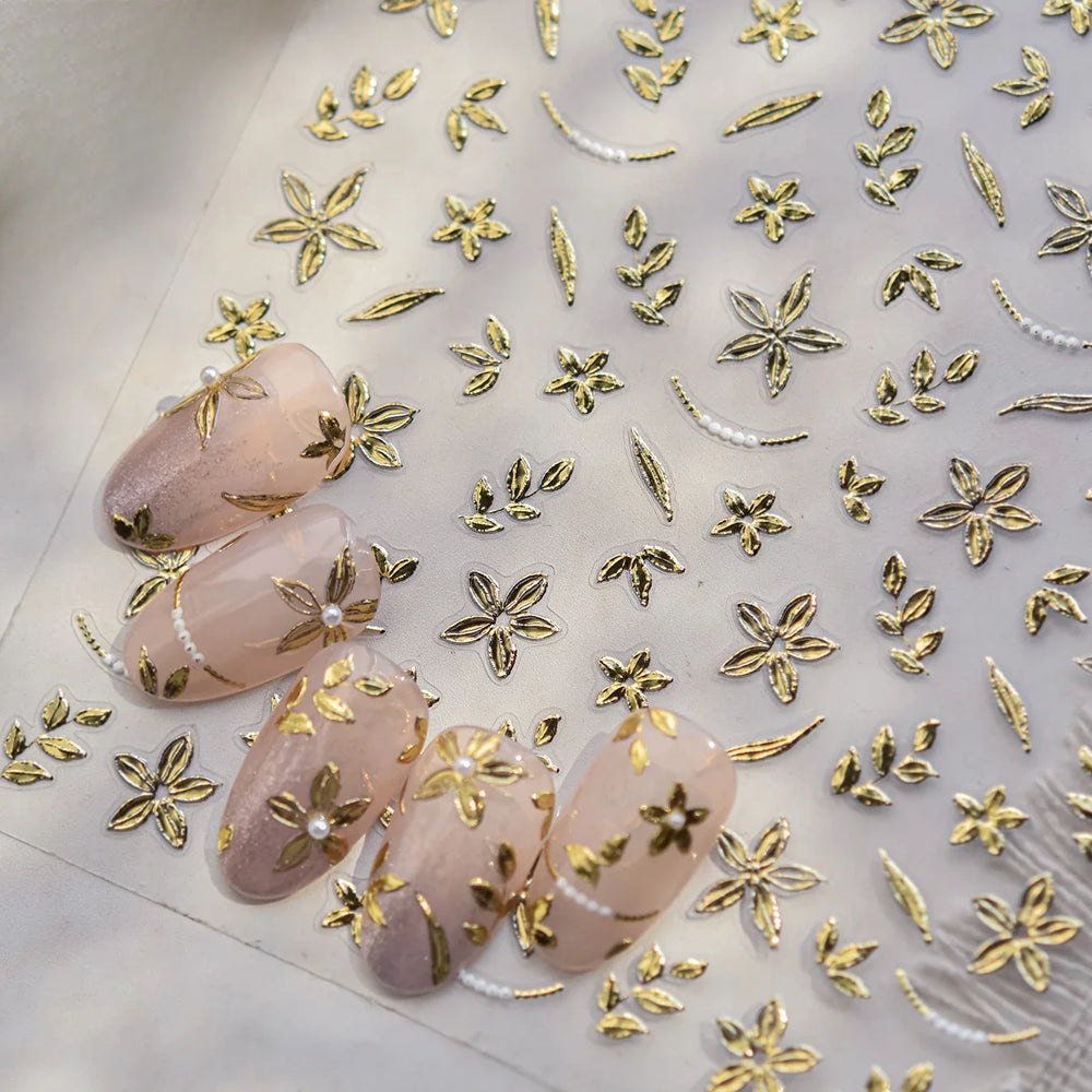 Gold Hot Stamping Flowers Leaves 3D 5D Pearl Bead Delicate Self Adhesive Nail Art Decorations Stickers Manicure Decals Wholesale (Online Order Only)