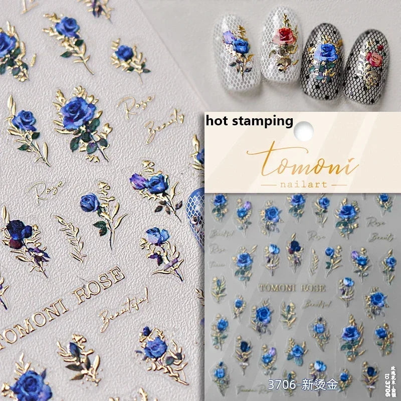 Retro Rose Gold Photo Frame Dried Flower Delicate Totem 3D Self Adhesive Nail Art Stickers 5D Shiny Rhinestone Manicure Decals (ONLINE ORDER ONLY)