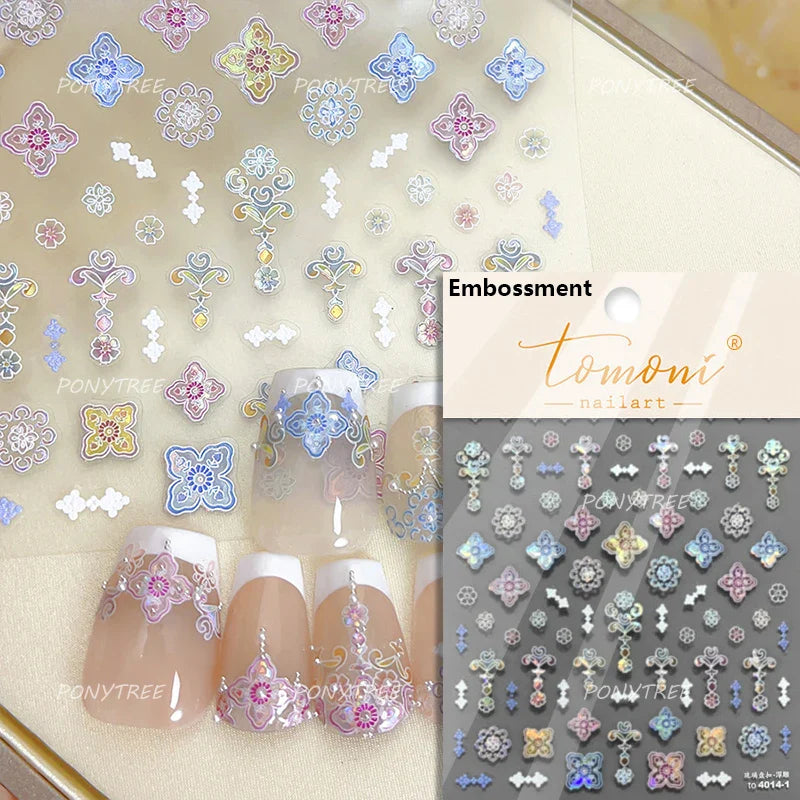Pink Blue Yellow Embroidery Totems Geometric Floral Pattern Flower 5D Embossed Nail Art Stickers Bohemian Style Manicure Decals (ONLINE ORDER ONLY)