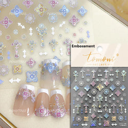 Pink Blue Yellow Embroidery Totems Geometric Floral Pattern Flower 5D Embossed Nail Art Stickers Bohemian Style Manicure Decals (ONLINE ORDER ONLY)