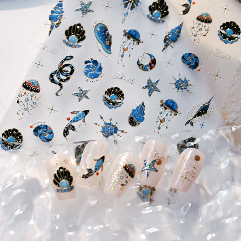 Blue Butterfly Planet Star Conch Snake Shell Clam Pearl Whale Jellyfish Moon Adhesive Nail Art Stickers Dreamy Manicure Decals (Online Order Only)