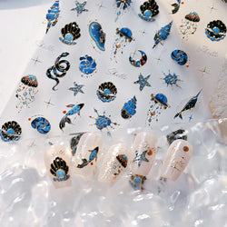 Blue Butterfly Planet Star Conch Snake Shell Clam Pearl Whale Jellyfish Moon Adhesive Nail Art Stickers Dreamy Manicure Decals (Online Order Only)