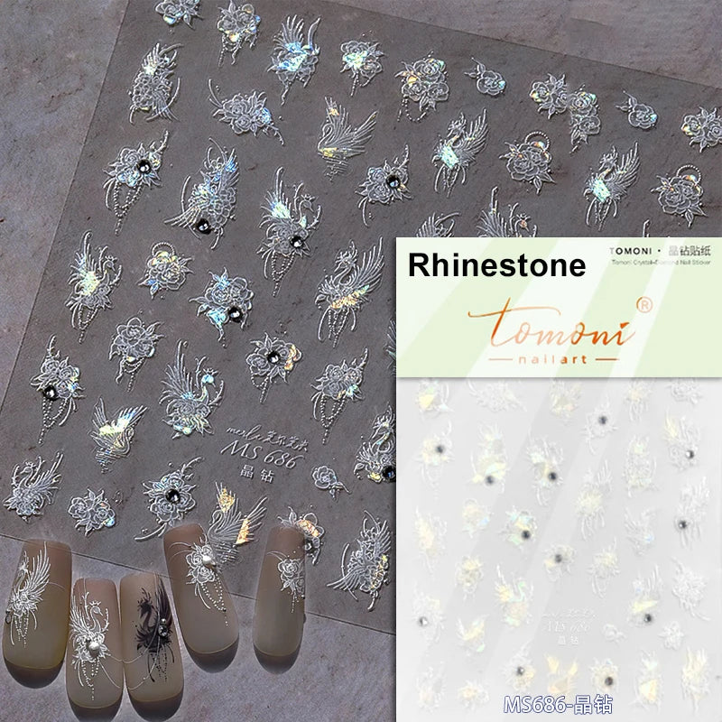 Charming White Shiny Pearl Rhinestone Wings Feathers Crown Moon Stars 3D Self Adhesive Nail Art Sticker Manicure Decal Wholesale (ONLINE ORDER ONLY)