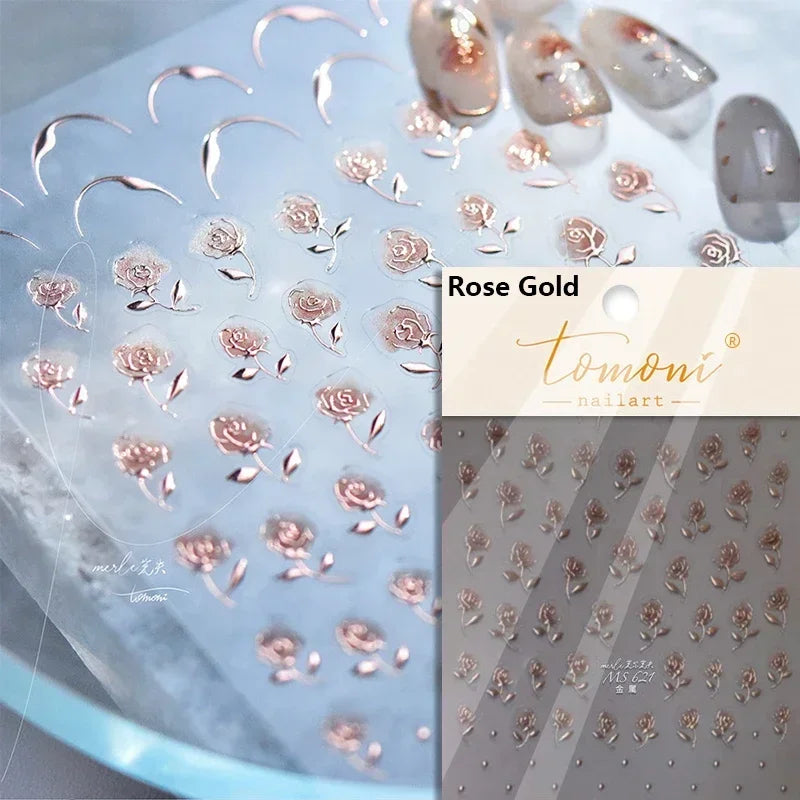 Gradient Coloredful Flower Petal Green Leaf Dreamy Shiny Chinese Rose Fantasy Relief Adhesive Nail Art Stickers Manicure Decals (Online Order Only)