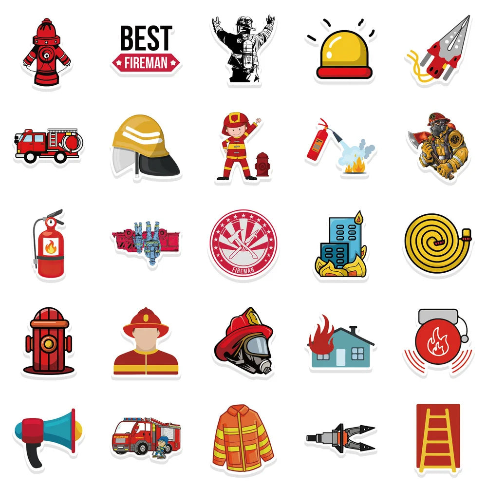 10/52Pcs Cartoon Red Firefighter Waterproof Cool Stickers for Scrapbook Skateboard Snowboard Laptop Luggage Bicycle Kids Toys (ONLINE ORDER ONLY)