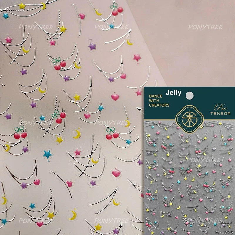 Chic Colourful Star Moon Curved Line Arc Necklace Love Heart Hanging in The Air Cherry Adhesive Nail Art Stickers Manicure Decal (Online Order Only)