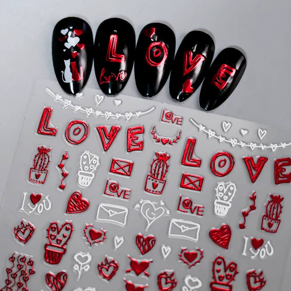 12 Sheets Valentines Nail Stickers Red Heart Nail Art Sticker Decal Solid Hollow Heart 3D Self-Adhesive Design Nail Art Supplies (ONLINE ORDER ONLY)