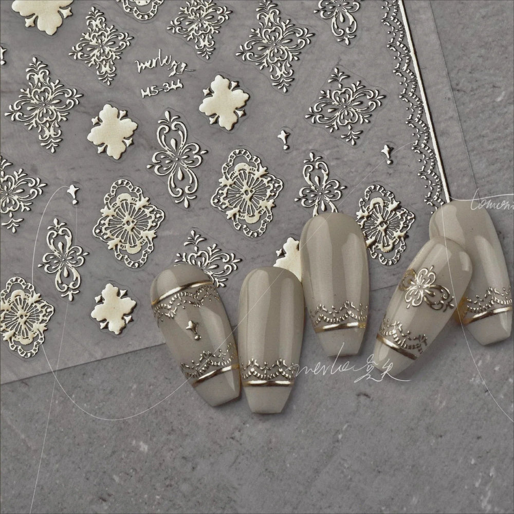 Gold Stamped Silver Totems Geometric Patterns Figure 5D Self Adhesive Nail Art Stickers Stars Bohemia Manicure Decals Wholesale (Online Order Only)