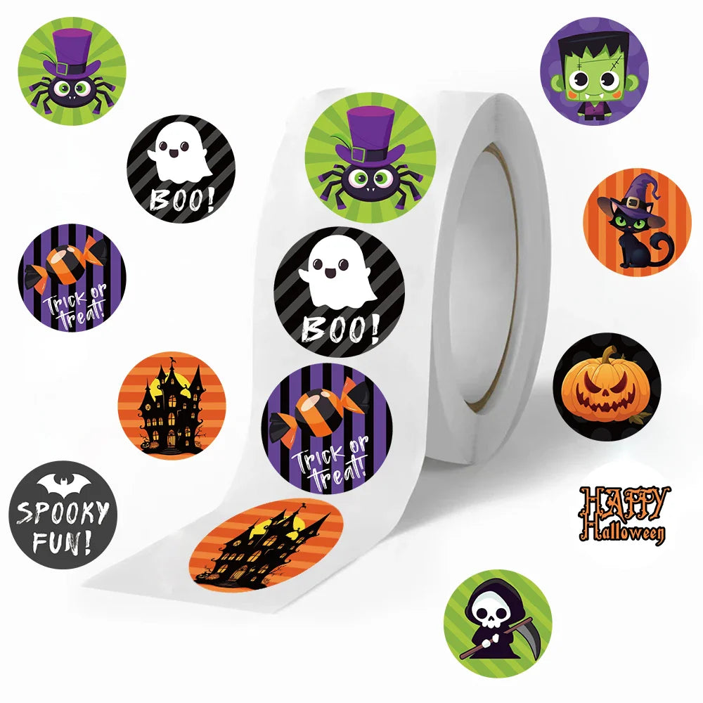 500pcs/Roll Halloween Horror Cartoon Round Sealing Stickers DIY PVC Laptop Decals Decoration Stiker Reward Gift Toys (ONLINE ORDER ONLY)