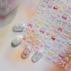 Doodle Pink Blue Ribbon Bowknot Flower Cherry Strawberry Graffiti Love Heart Delicate Embossed Nail Art Sticker Manicure Decals (ONLINE ORDER ONLY)