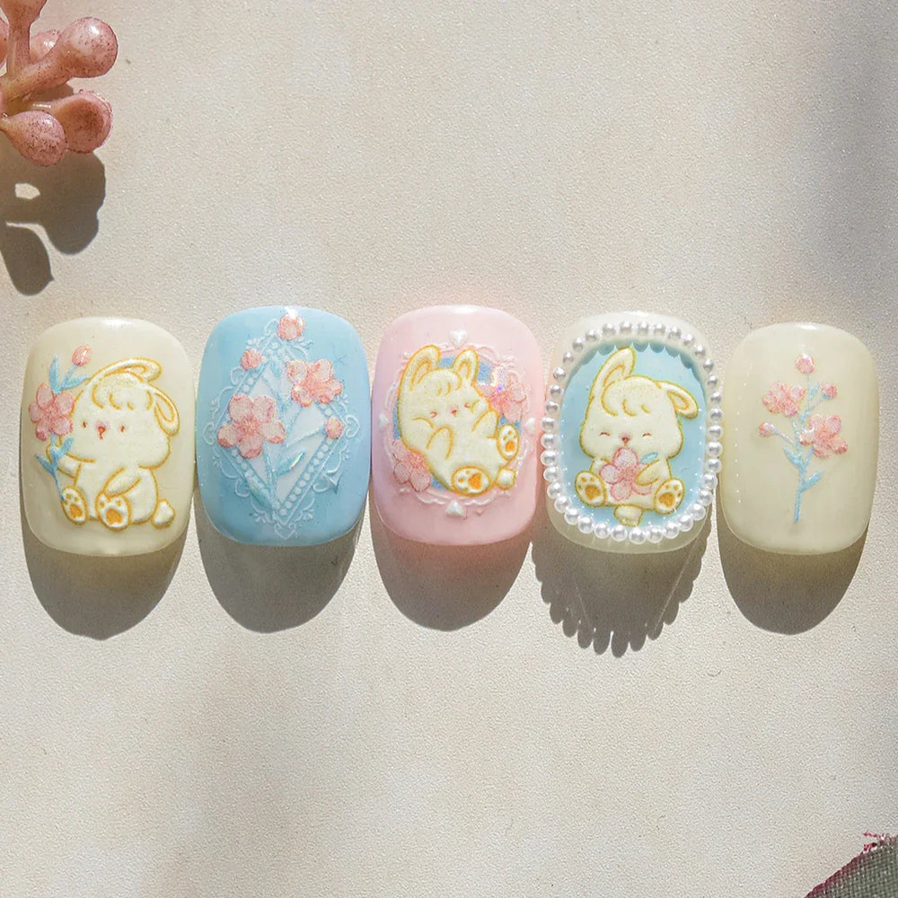 Peach Blossom Flower Yellow Rabbit Bunny Love Heart Delicate Totem 5D Self Adhesive Nail Art Stickers Rhinestone Manicure Decals (ONLINE ORDER ONLY)