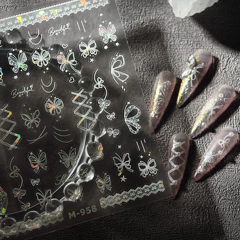 Shiny Butterfly Lace Line Bowknot Silk Ribbon Star Love Heart Fantasy Delicate Chic Adhesive Nail Art Stickers Manicure Decals (Online Order Only)