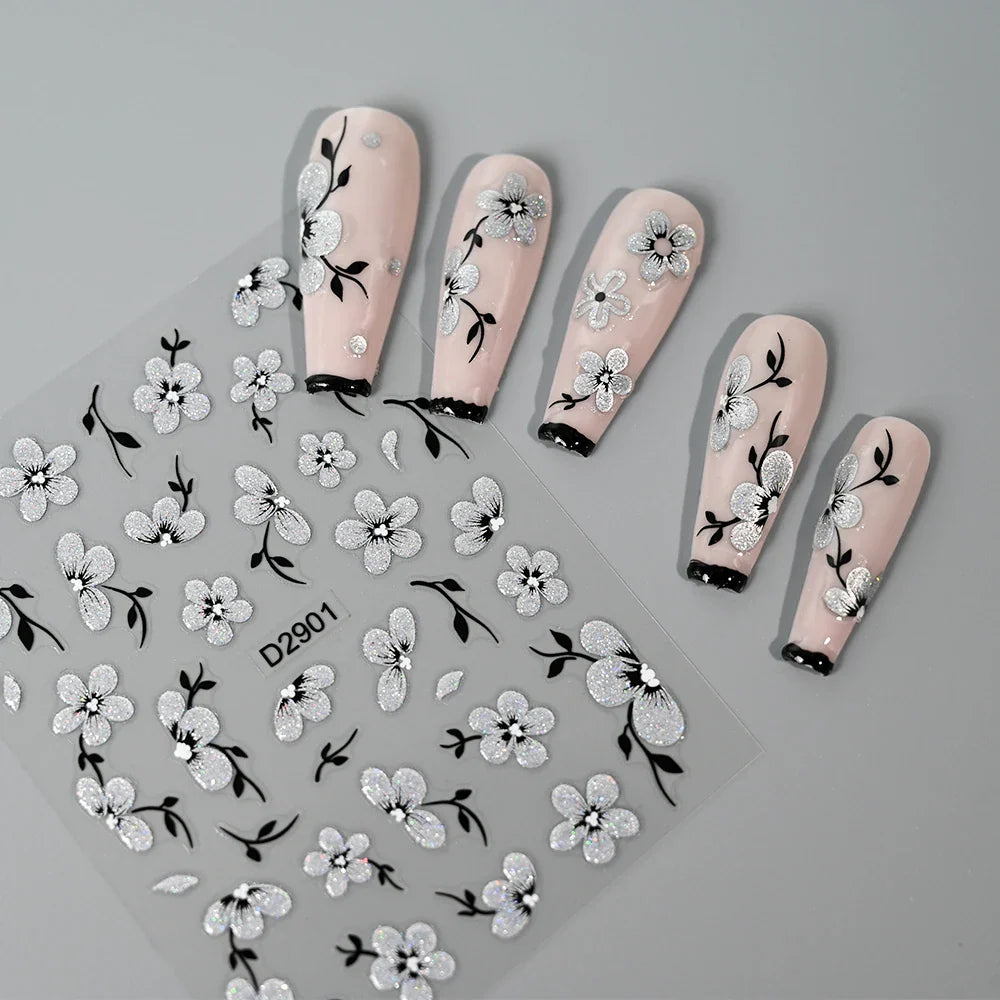 10pcs/Set Sparkling Silvery Floral Nail Art Stickers Self-Adhesive Glittery 5D Hibiscus & Cherry Blossom Decals for Manicure DIY (Online Order Only)