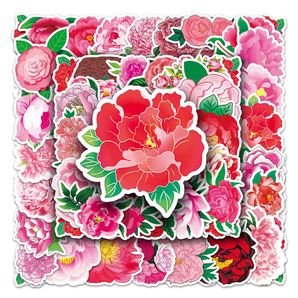50Pcs Peony Cartoon Waterproof Vinyl Stickers for Skateboard Snowboard (ONLINE ORDER ONLY)