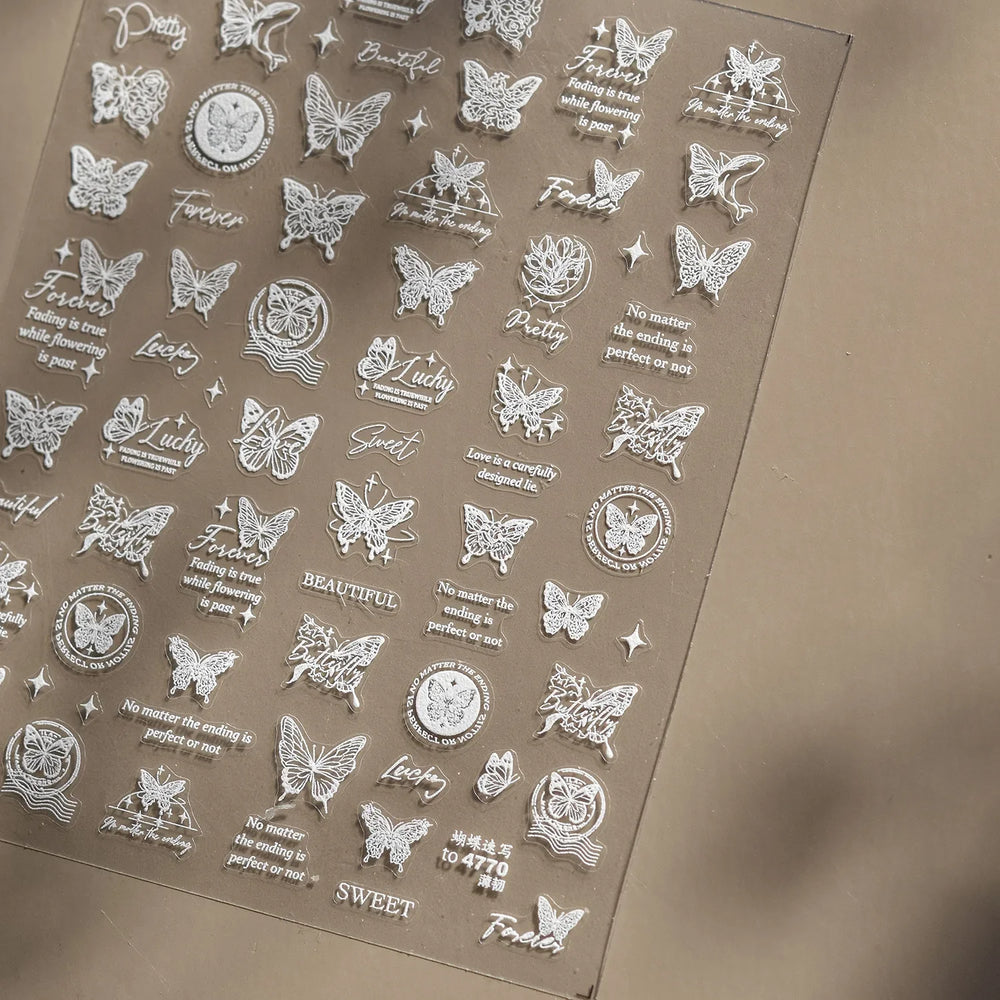 Flower Bowknot Butterfly Plant Leaf English Letter Rose Hand Drawn Embossed Relief Self Adhesive Nail Art Sticker Manicure Decal (ONLINE ORDER ONLY)