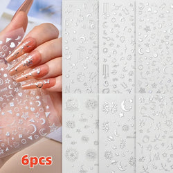 6pcs Mirror Silver Star 3D Nail Sticker Holographic Heart/Moon/Cross Design Self-Adhesive Decal Manicure Art Supplies Decoration (ONLINE ORDER ONLY)