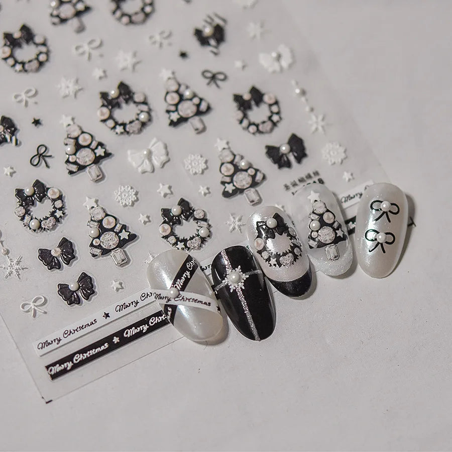 Black White Christmas Tree Snowflake Bowknot Snowman Socks Star Santa Hat Deer Rhinestone Winter Nail Art Sticker Manicure Decal (Online Order Only)