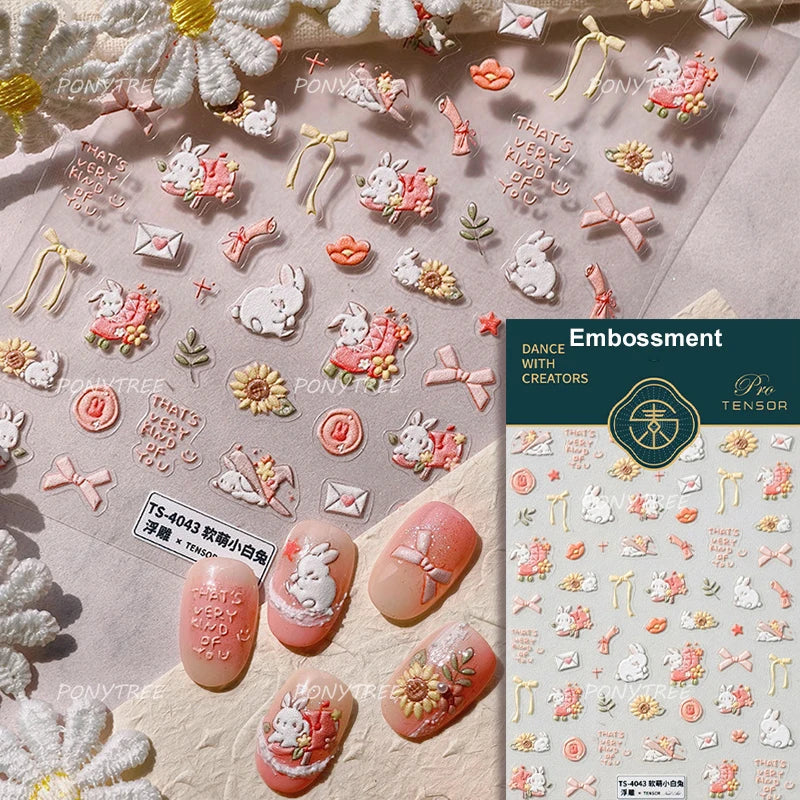 Rabbit Bunny Bear Flower Lace Bowknot Retro Frame Rose Self Adhesive Nail Art Decoration Stickers Chic Manicure Decals Wholesale (ONLINE ORDER ONLY)
