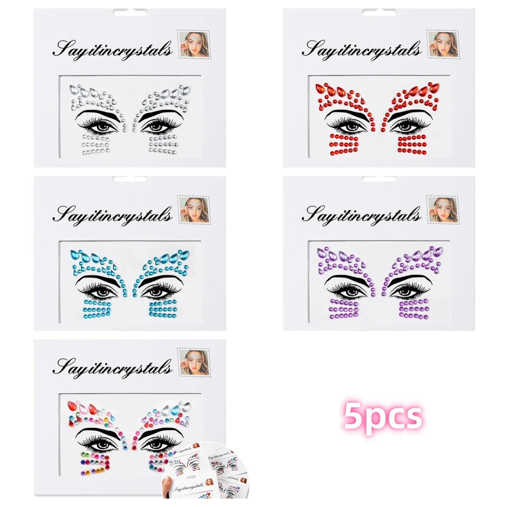 5Pcs Coloful Glitter Face Jewelry Sticker Crystal Eye Body Face Jewels Bady Makeup Tools Temporary Self-Adhesive Nail Rhinestone (ONLINE ORDER ONLY)