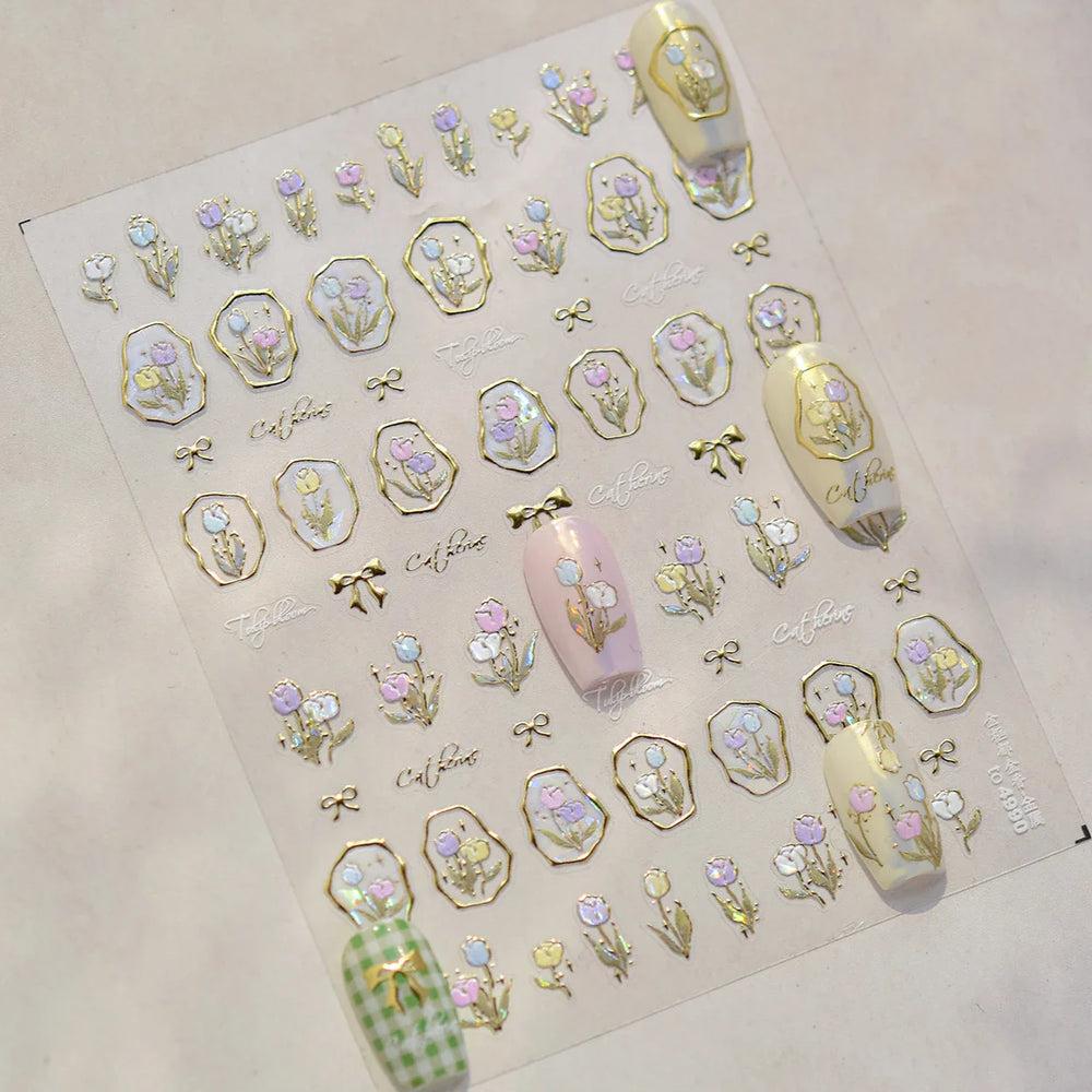 Golden Border Tulip Bloom Flower Bowknot Geometric Frame Metal Workmanship Charming Adhesive Nail Art Sticker Manicure Decals (ONLINE ORDER ONLY)
