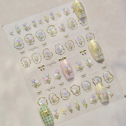 Golden Border Tulip Bloom Flower Bowknot Geometric Frame Metal Workmanship Charming Adhesive Nail Art Sticker Manicure Decals (ONLINE ORDER ONLY)
