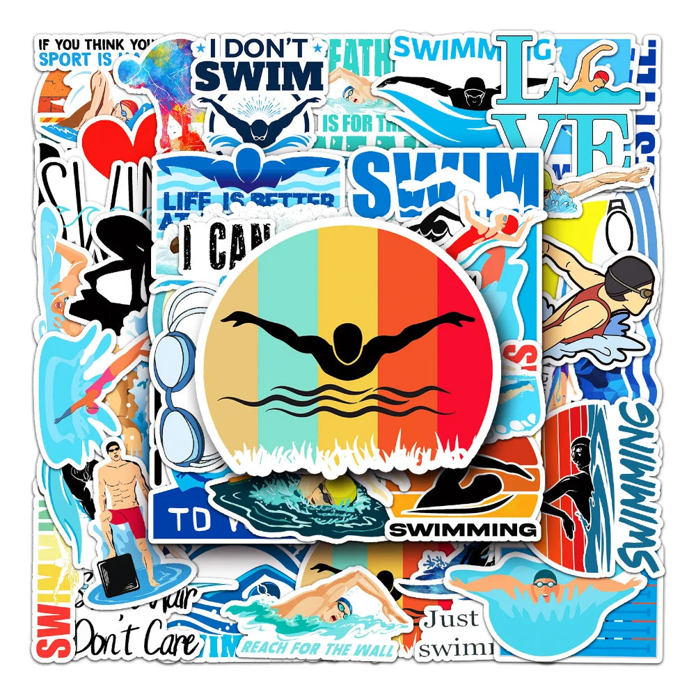 10/50pcs Outdoor Swimming Stickers Summer Seaside Surfing Waterproof Stickers DIY Skateboard Motorcycle Car Luggage Stickers (ONLINE ORDER ONLY)
